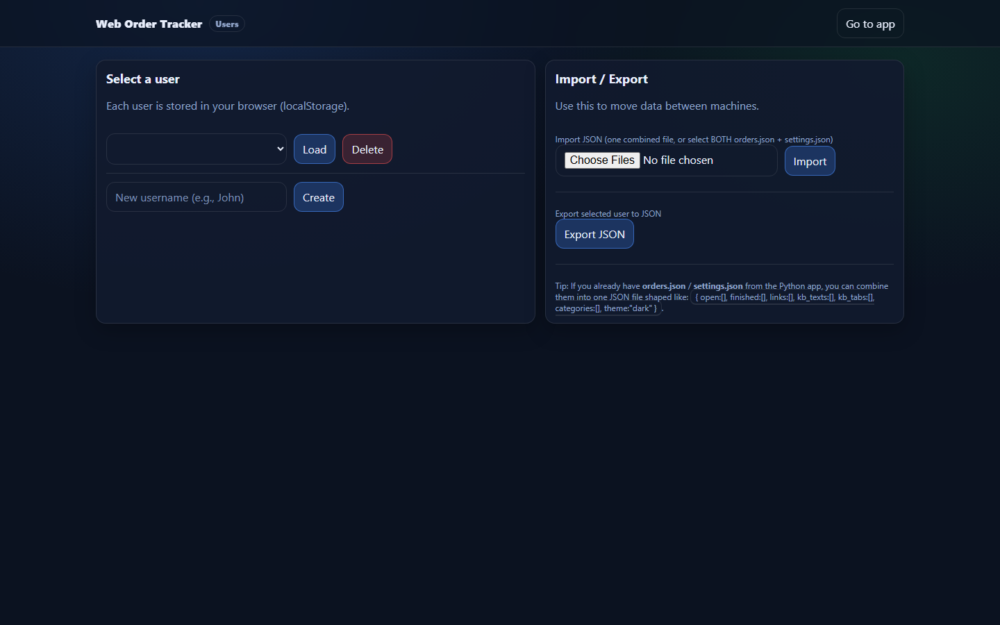 Screenshot of the Web Order Tracker application